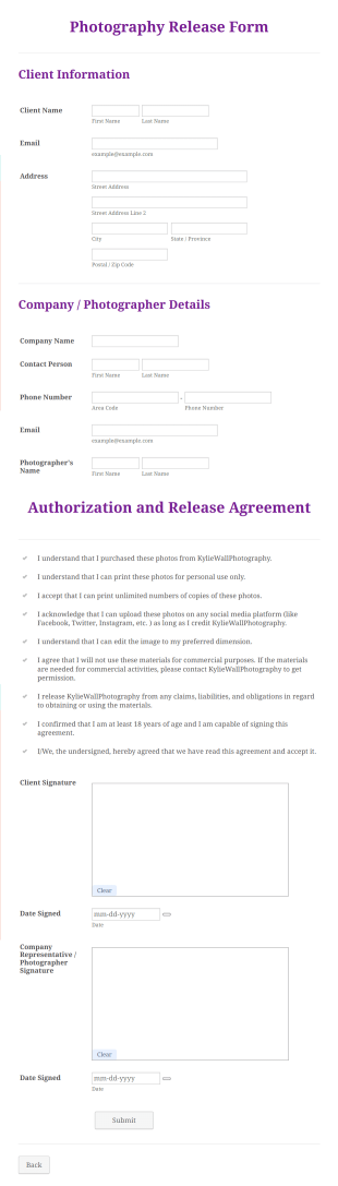 Photography Release Form Template