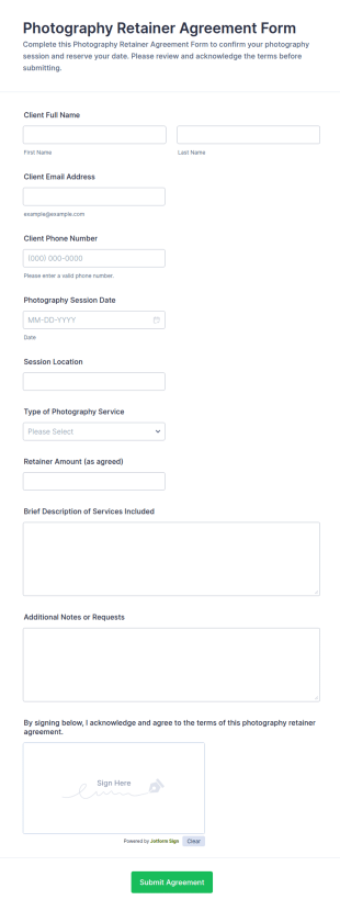 Photography Retainer Agreement Form Template