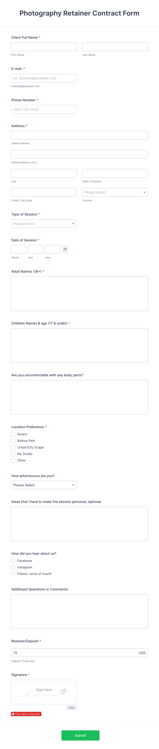 Photography Retainer Contract Form Template