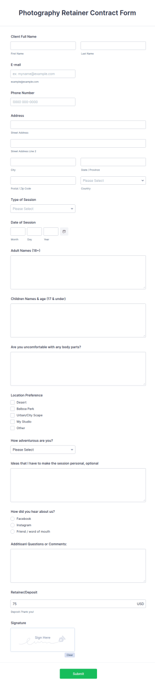Photography Retainer Contract Form Template