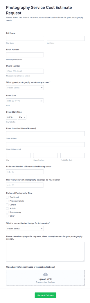 Photography Service Cost Estimate Request Form Template