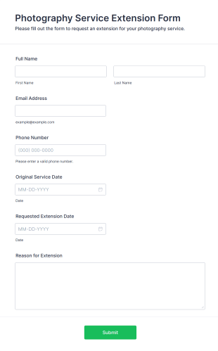 Photography Service Extension Form Form Template