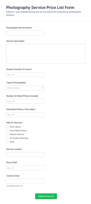 Photography Service Price List Form Template
