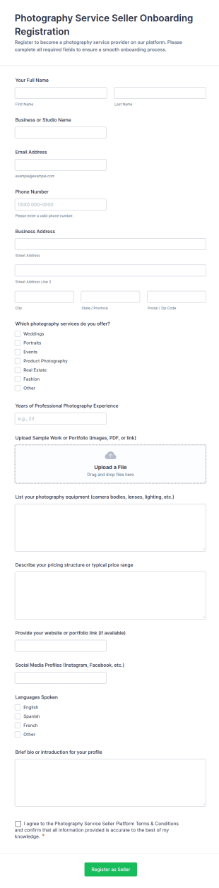 Photography Service Seller Onboarding Registration Form Template