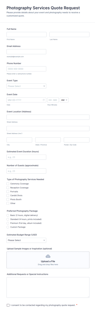 Photography Services Quote Request Form Template