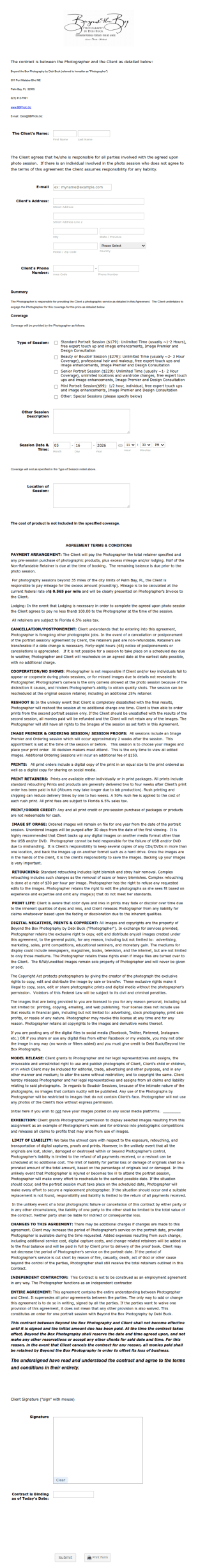 Photography Session Agreement Form Template