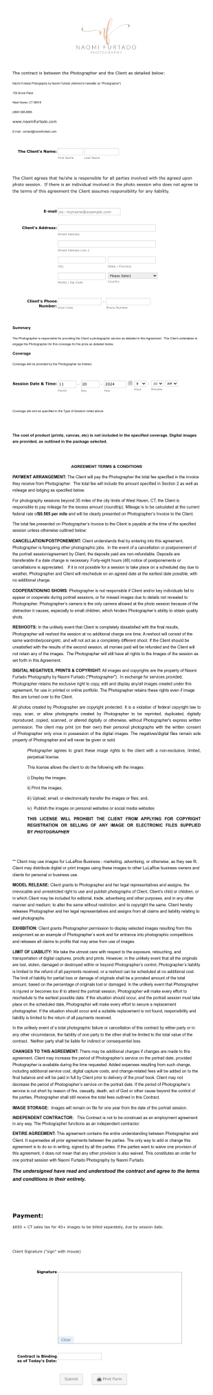 Photography Session Agreement LuLaRoe Addendum Form Template