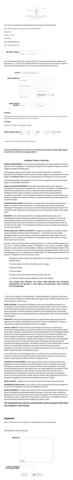 Photography Session Agreement LuLaRoe Addendum Form Template
