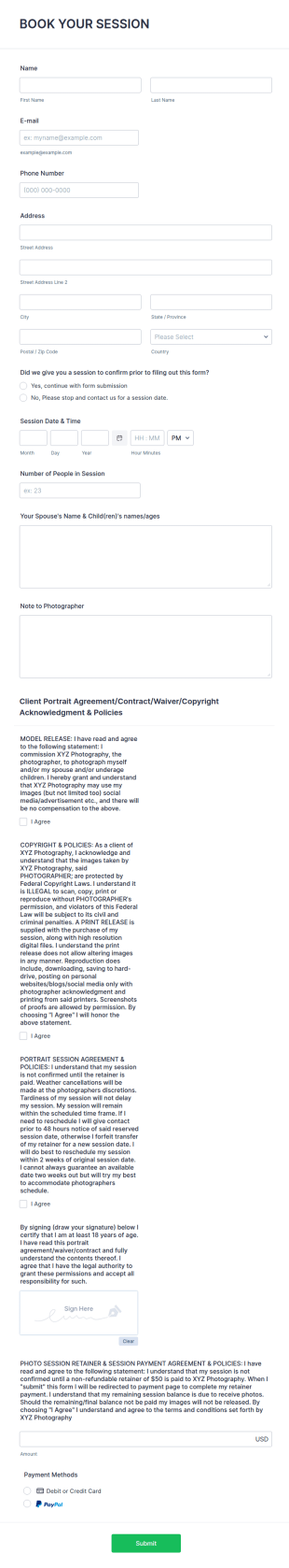 Photography Session Booking Contract Form Template