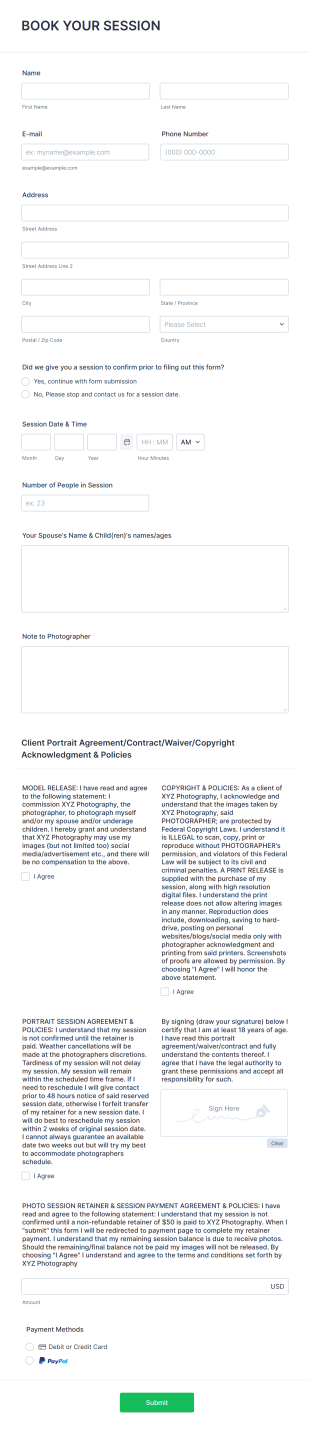 Photography Session Booking Contract Form Template