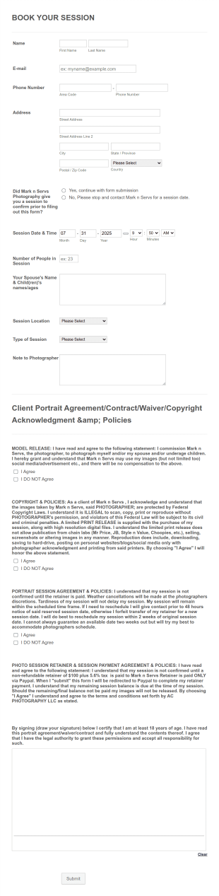 Photography Session Booking Form Template