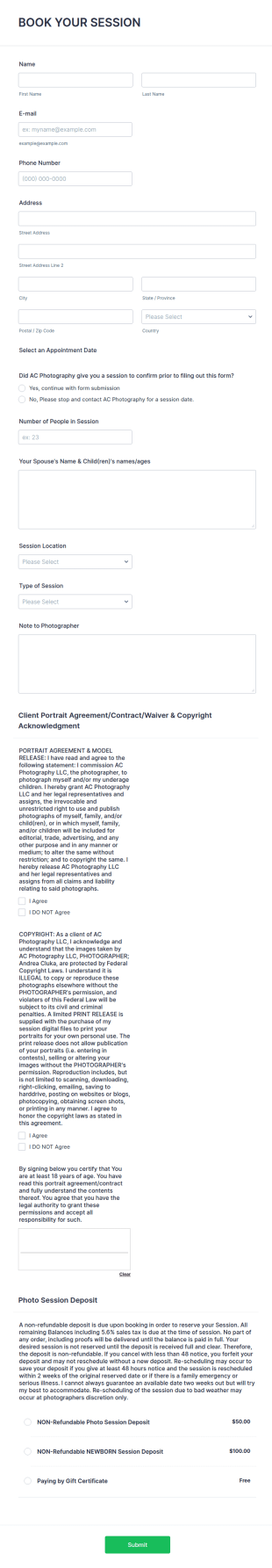 Photo Shoot Booking Form Template