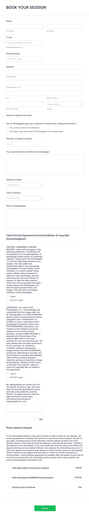 Photo Shoot Booking Form Template