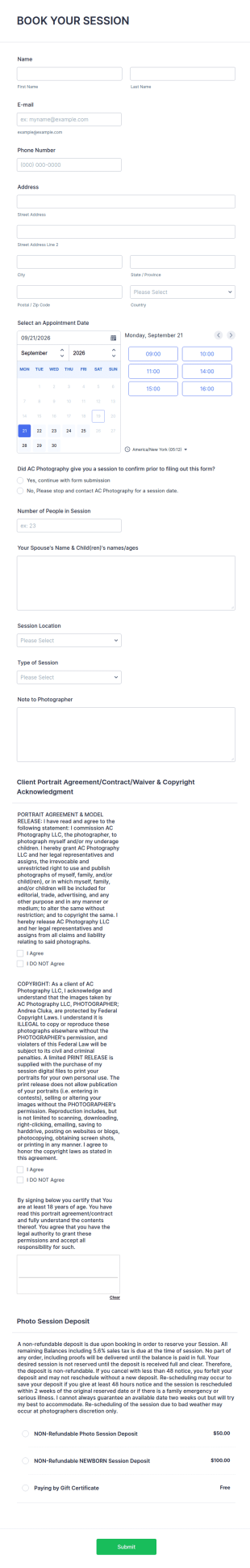 Photo Shoot Booking Form Template