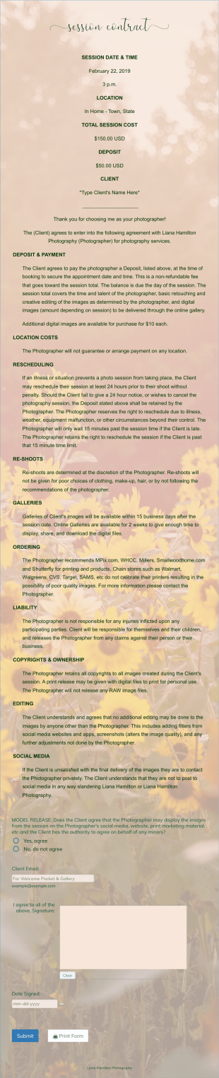 Photography Session Contract Form Template