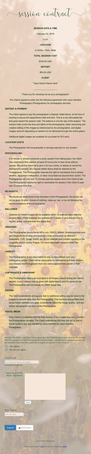Photography Session Contract Form Template
