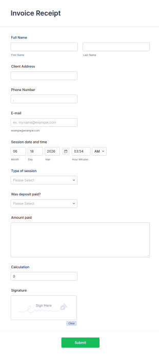 Photography Session Invoice Form Template
