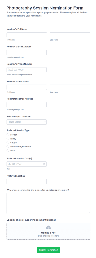Photography Session Nomination Form Template