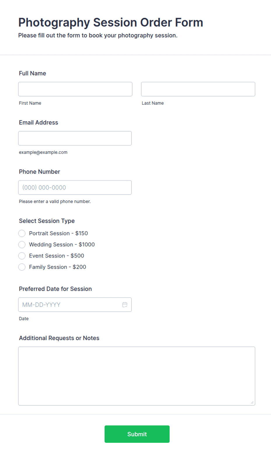Session Order Photography Session Order Form Template | Jotform