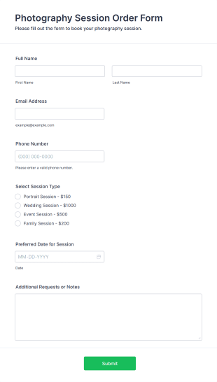 Photography Session Order Form Template