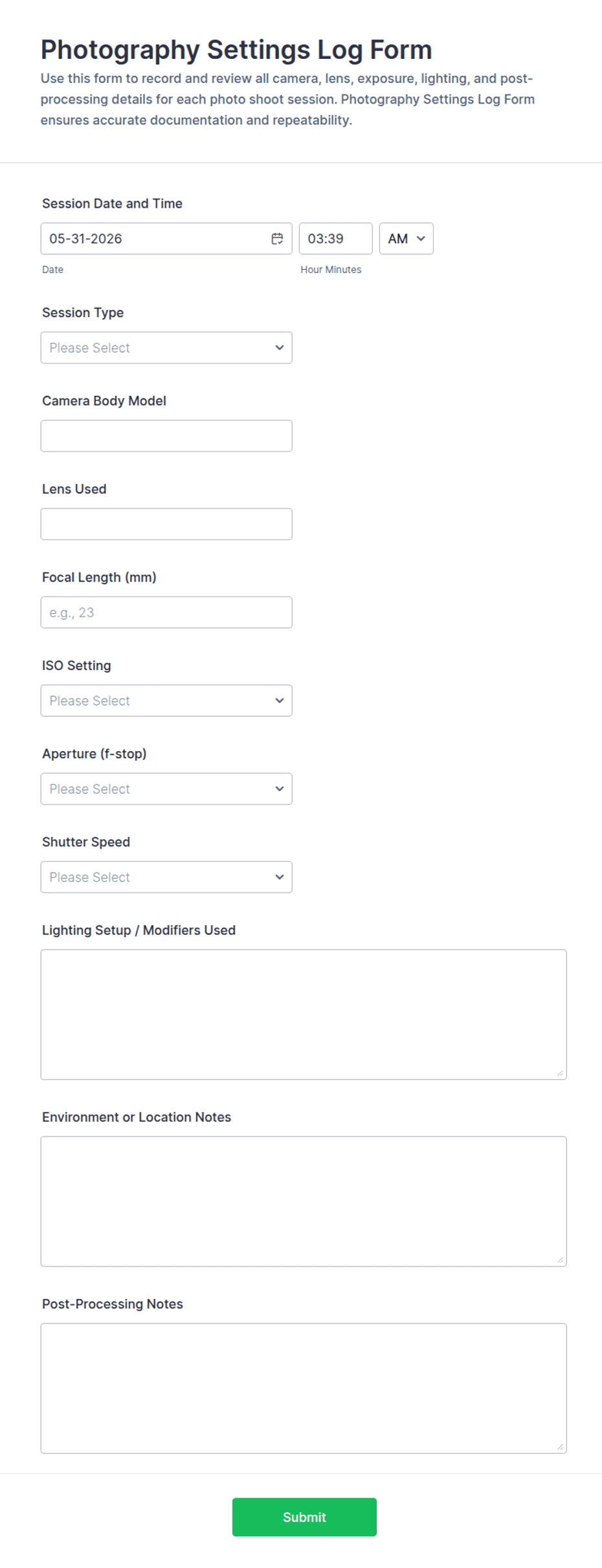 Photography Settings Log Form Template | Jotform