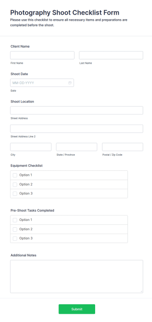 Photography Shoot Checklist Form Template