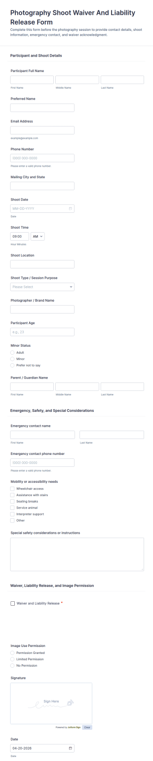 Photography Shoot Waiver And Liability Release Form Template