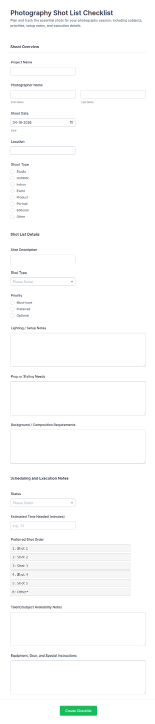 Photography Shot List Checklist Form Template