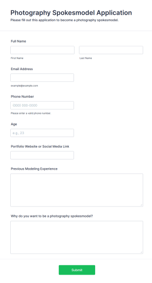 Photography Spokesmodel Application Form Template