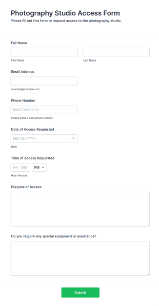 Photography Studio Access Form Template