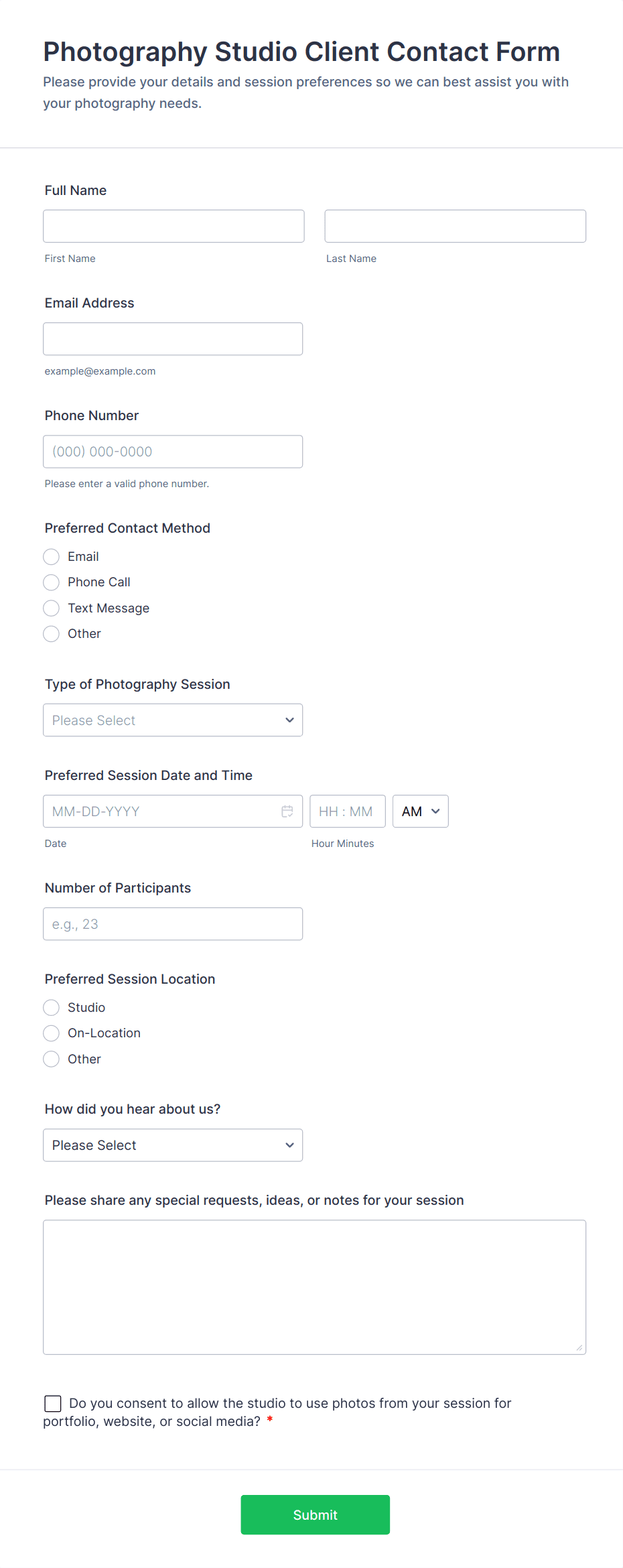 Photography Studio Client Contact Form Template | Jotform