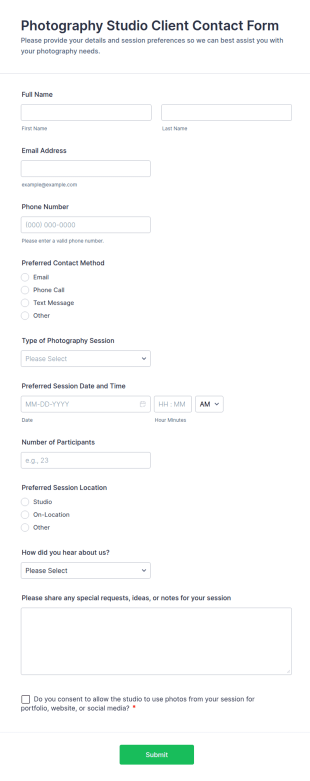Photography Studio Client Contact Form Template