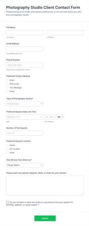 Photography Studio Client Contact Form Template