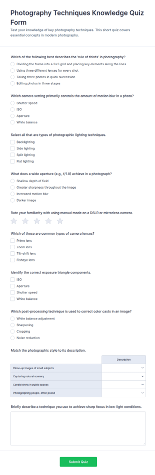 Photography Techniques Knowledge Quiz Form Template