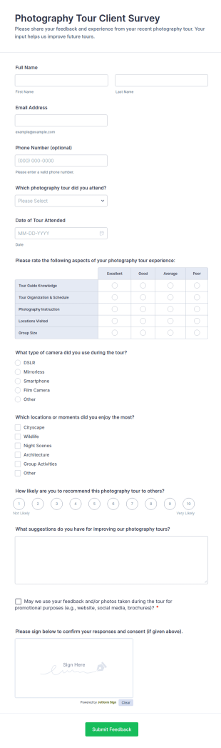 Photography Tour Client Survey Form Template