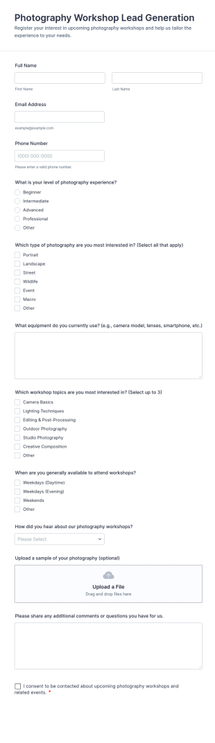 Photography Workshop Lead Generation Form Template