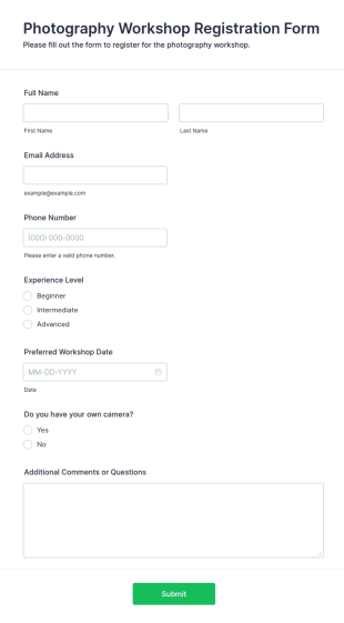 Photography Workshop Registration Form Template