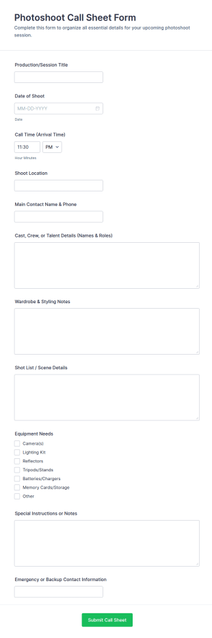 Photoshoot Call Sheet Form Template