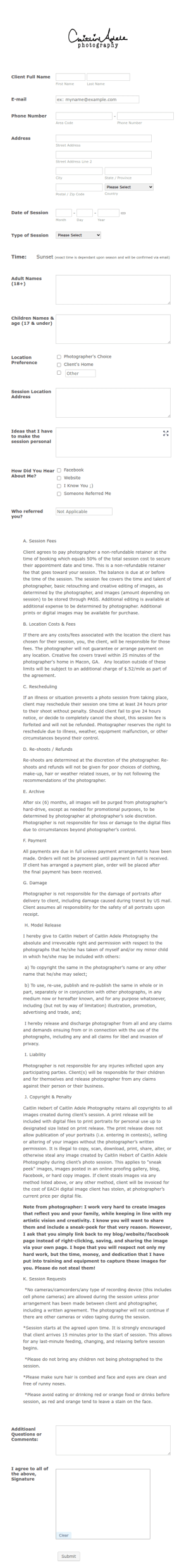Photoshoot Client Agreement Form Template