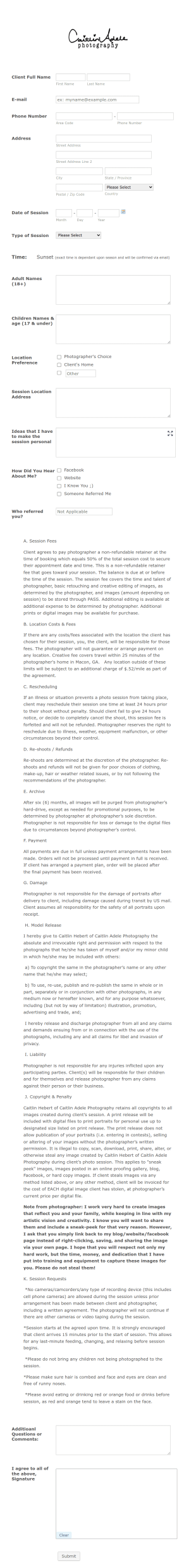 Photoshoot Client Agreement Form Template