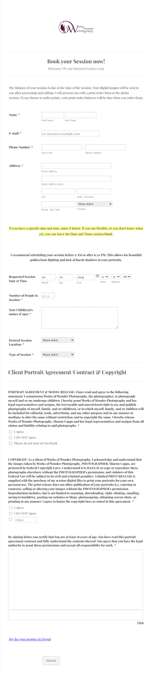 Photoshoot Session Booking Form Template