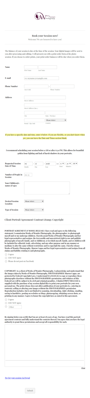 Photoshoot Session Booking Form Template