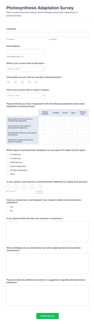 Photosynthesis Adaptation Survey Form Template