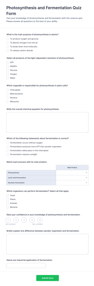 Photosynthesis And Fermentation Quiz Form Template
