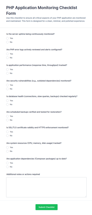 PHP Application Monitoring Checklist Form Template