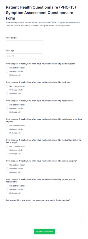 PHQ 15 Symptom Assessment Form Template