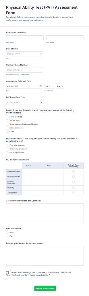 Physical Ability Test (PAT) Assessment Form Template