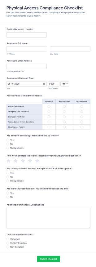 Physical Access Compliance Checklist Form Template