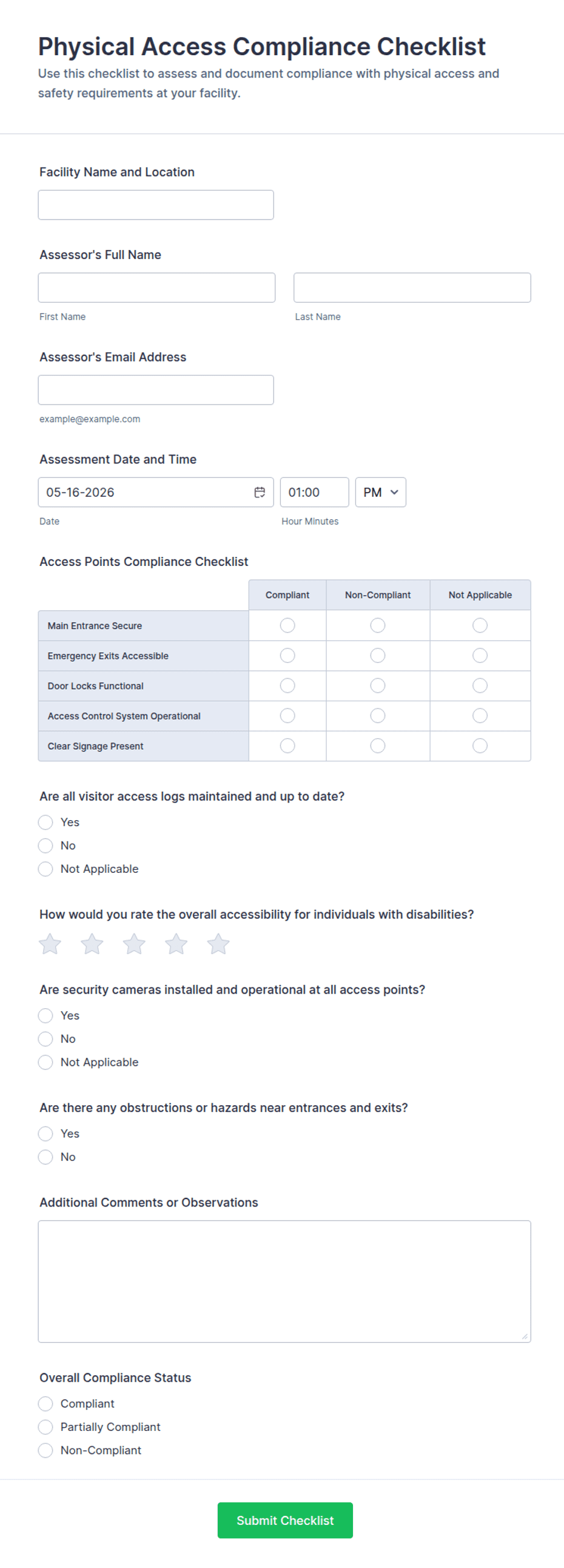 Physical Access Compliance Checklist Form Template | Jotform