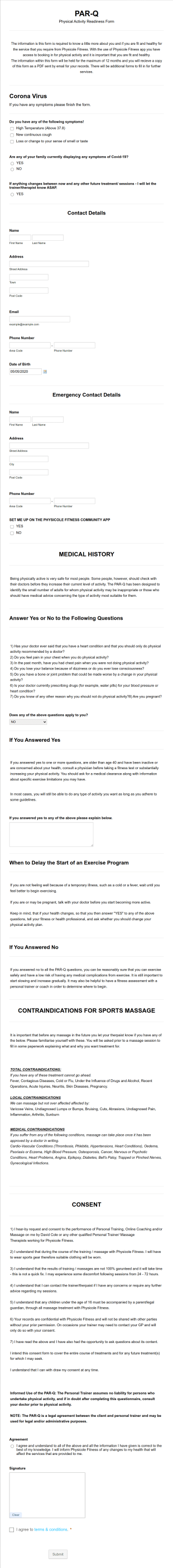 Physical Activity Readiness And Consent Form Template